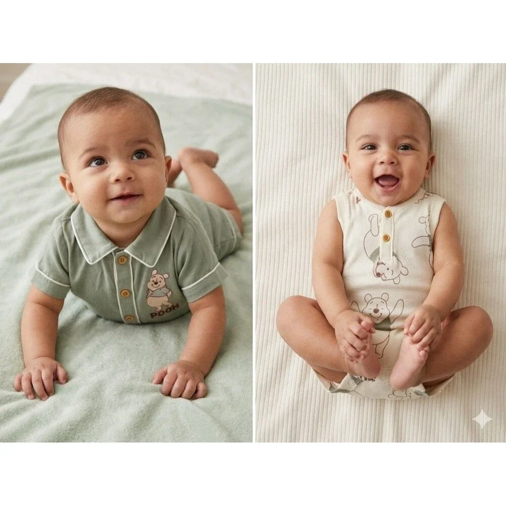 Disney Baby Winnie the Pooh Romper Set 2pc 0-3M Sage Green Oatmeal Ribbed NWT